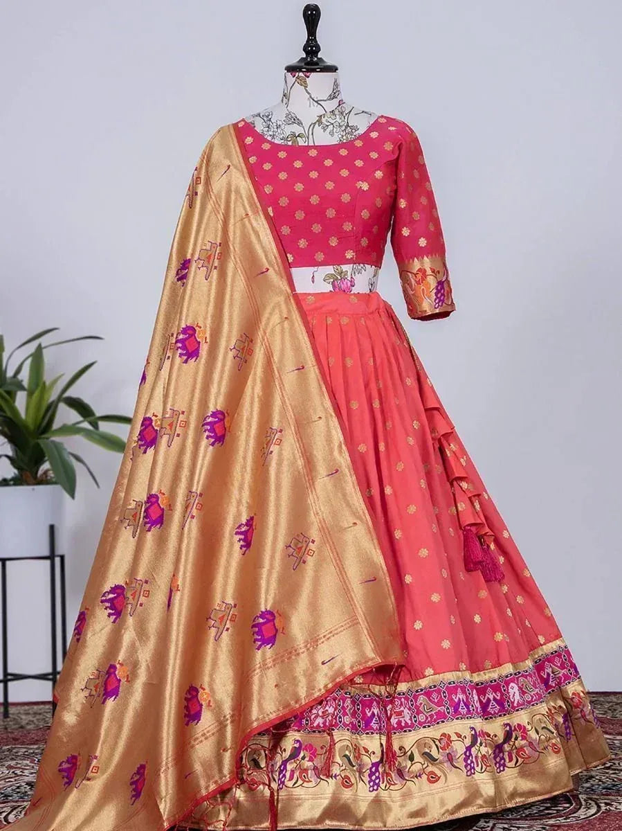 Pink and gold designer lehenga choli with floral embroidery and printed dupatta, ethnic Indian wear