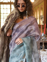 Pretty Purple And Blue Printed Organza Wedding Wear Saree With Blouse