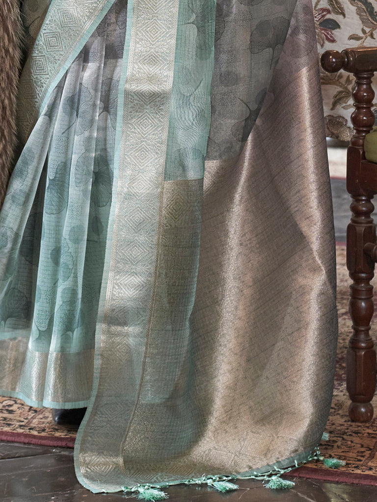 Pretty Purple And Blue Printed Organza Wedding Wear Saree With Blouse