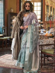 Pretty Purple And Blue Printed Organza Wedding Wear Saree With Blouse