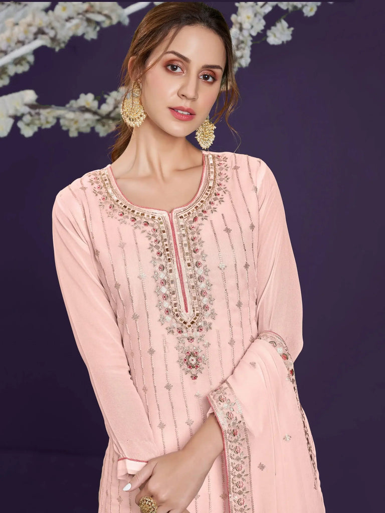 Outstanding Pale pink Thread Embroidery Georgette Festival Wear Palazzo Suit
