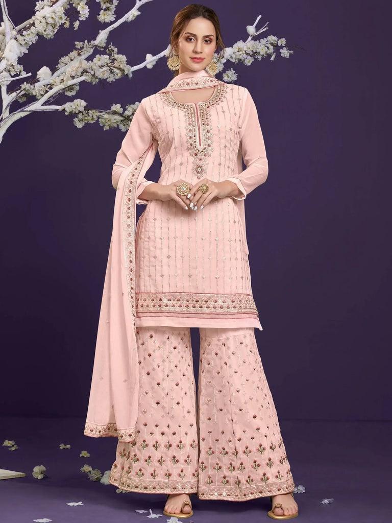Outstanding Pale pink Thread Embroidery Georgette Festival Wear Palazzo Suit