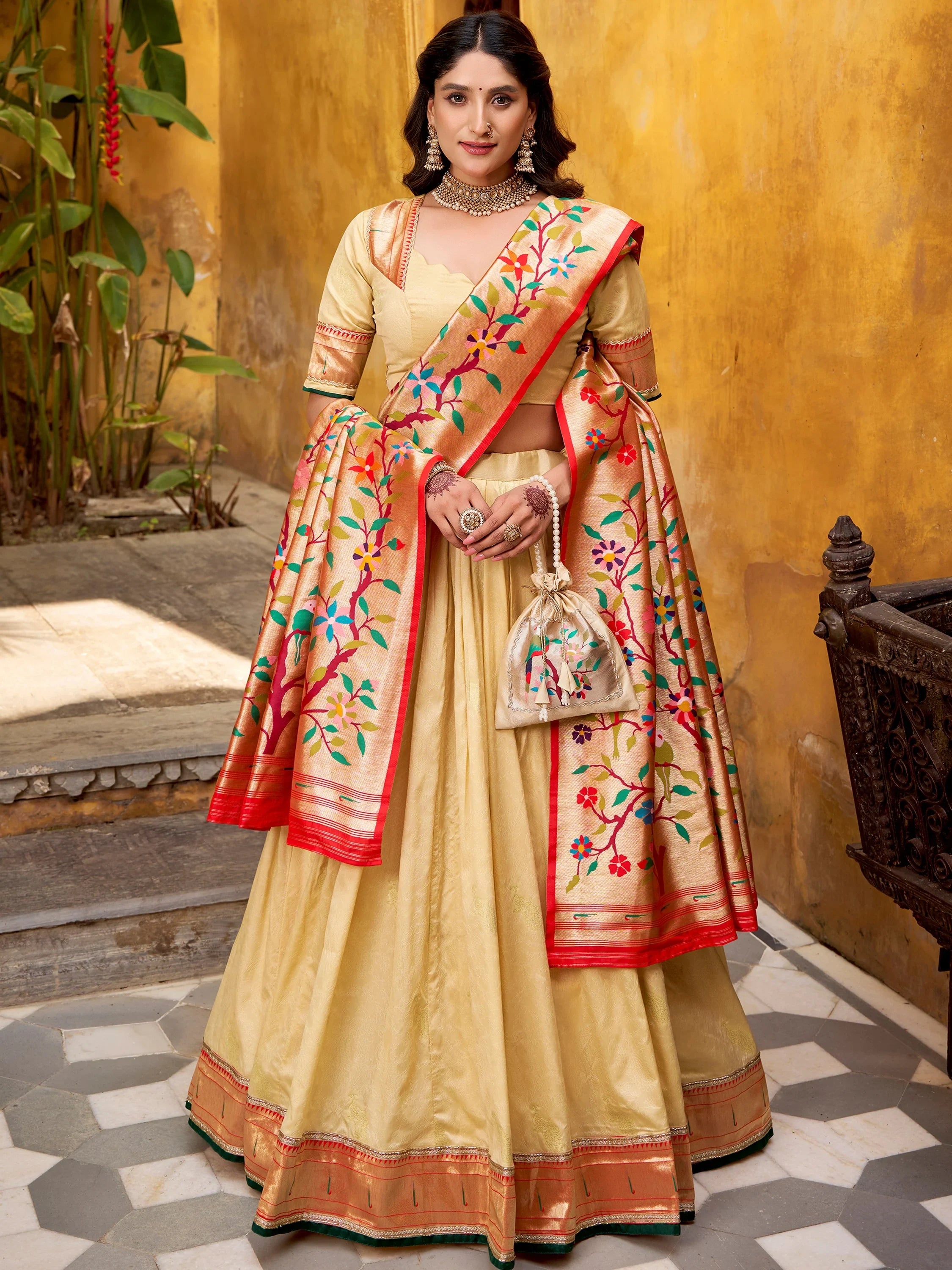 Beautiful Cream Zari Weaving Silk Festival Wear Lehenga Choli