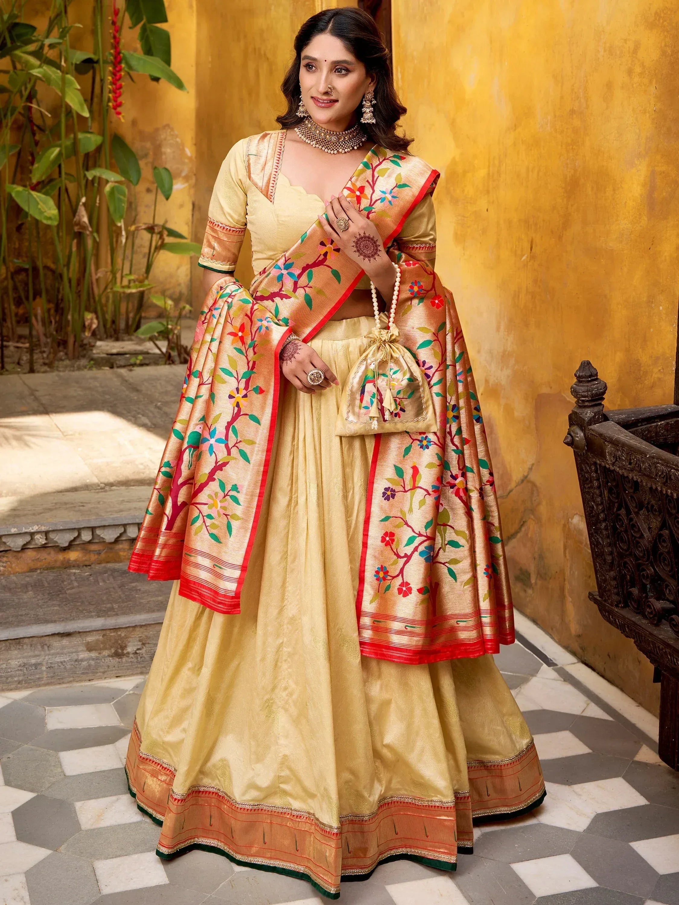 Beautiful Cream Zari Weaving Silk Festival Wear Lehenga Choli