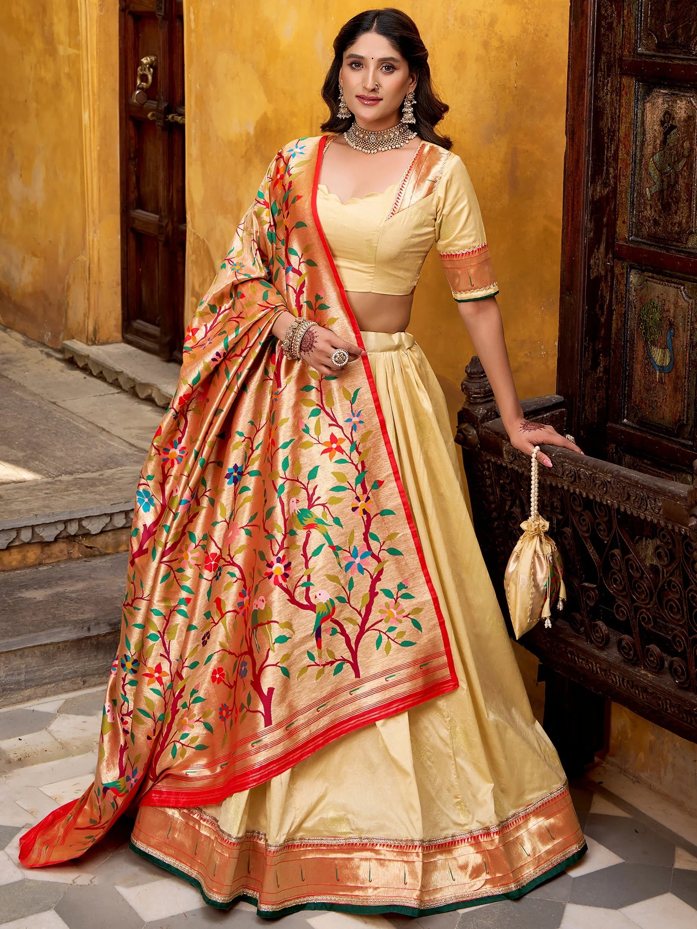 Beautiful Cream Zari Weaving Silk Festival Wear Lehenga Choli