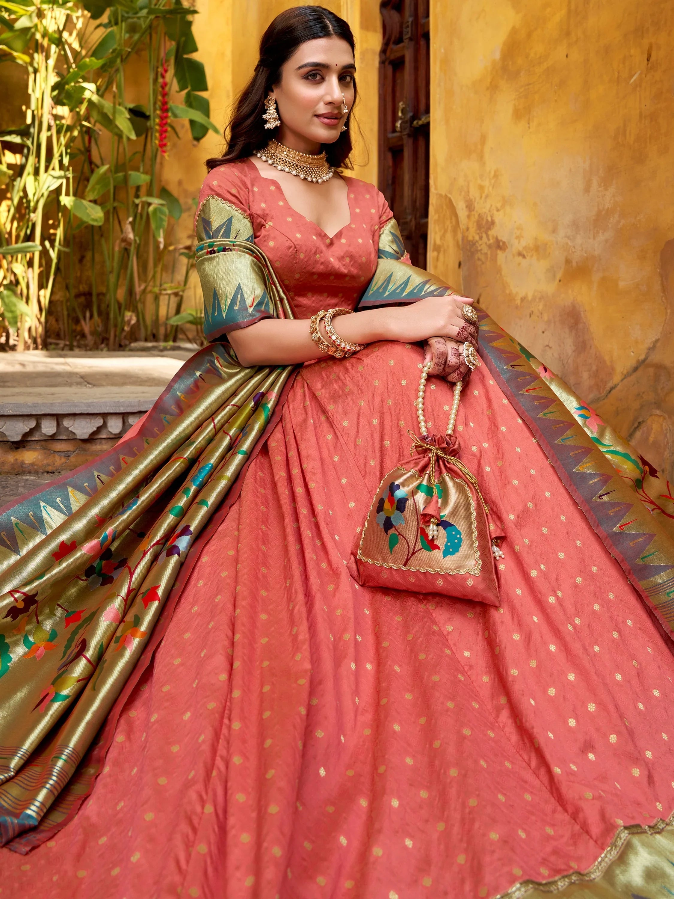 Stunning Peach Zari Weaving Silk Bridesmaid Lehenga Choli