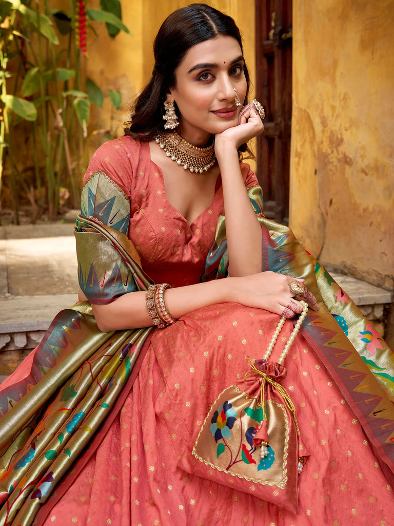 Stunning Peach Zari Weaving Silk Bridesmaid Lehenga Choli
