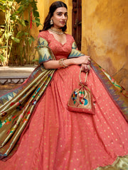 Stunning Peach Zari Weaving Silk Bridesmaid Lehenga Choli