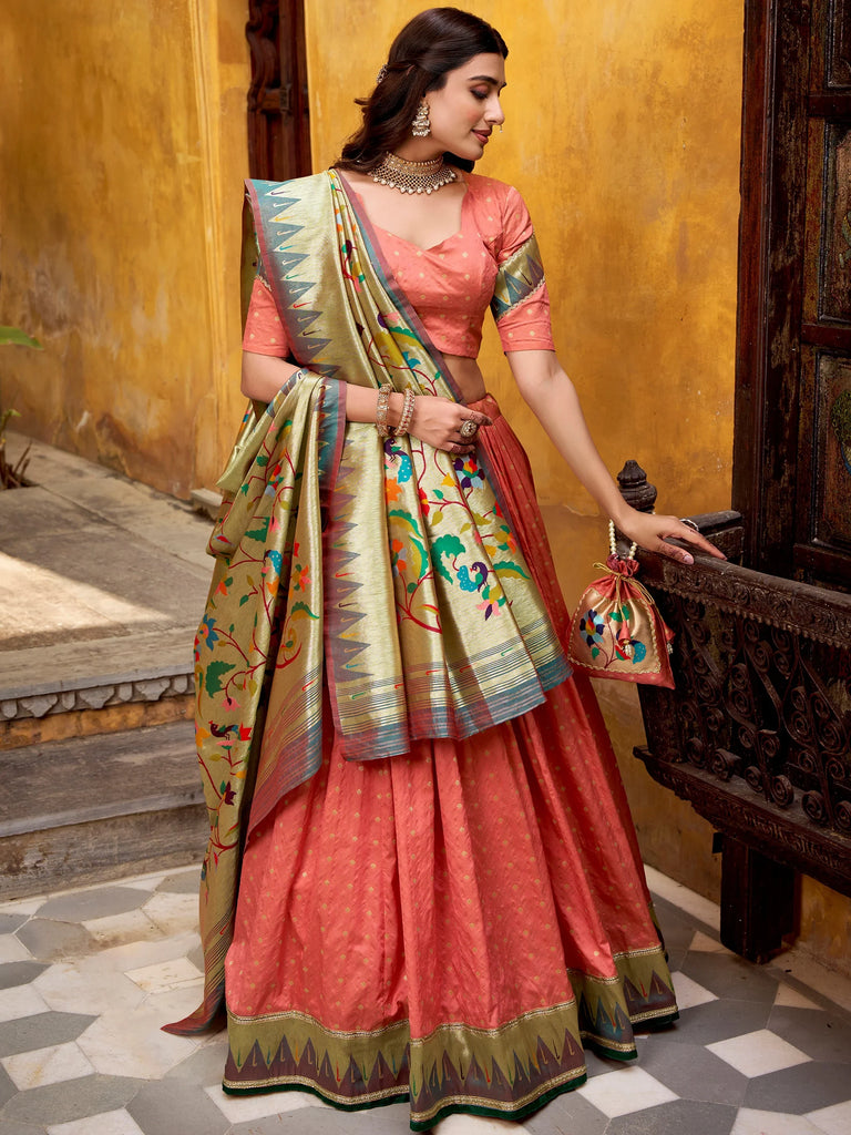 Stunning Peach Zari Weaving Silk Bridesmaid Lehenga Choli