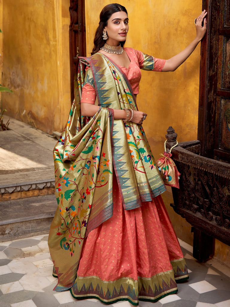 Stunning Peach Zari Weaving Silk Bridesmaid Lehenga Choli