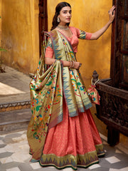Stunning Peach Zari Weaving Silk Bridesmaid Lehenga Choli