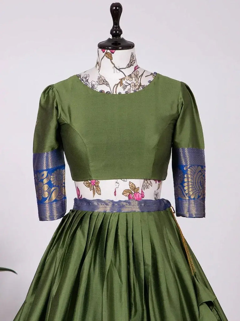 Unique Green Silk Zari Weaving Tamil Traditional Wear Half Saree Lehenga