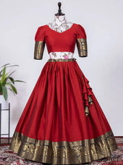 Pretty Red Silk Zari Weaving Onam Festival Traditional Wear Half Saree Lehenga