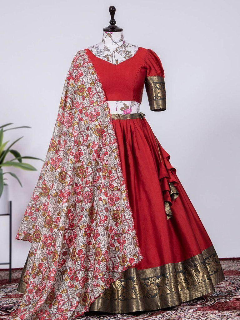 Pretty Red Silk Zari Weaving Onam Festival Traditional Wear Half Saree Lehenga