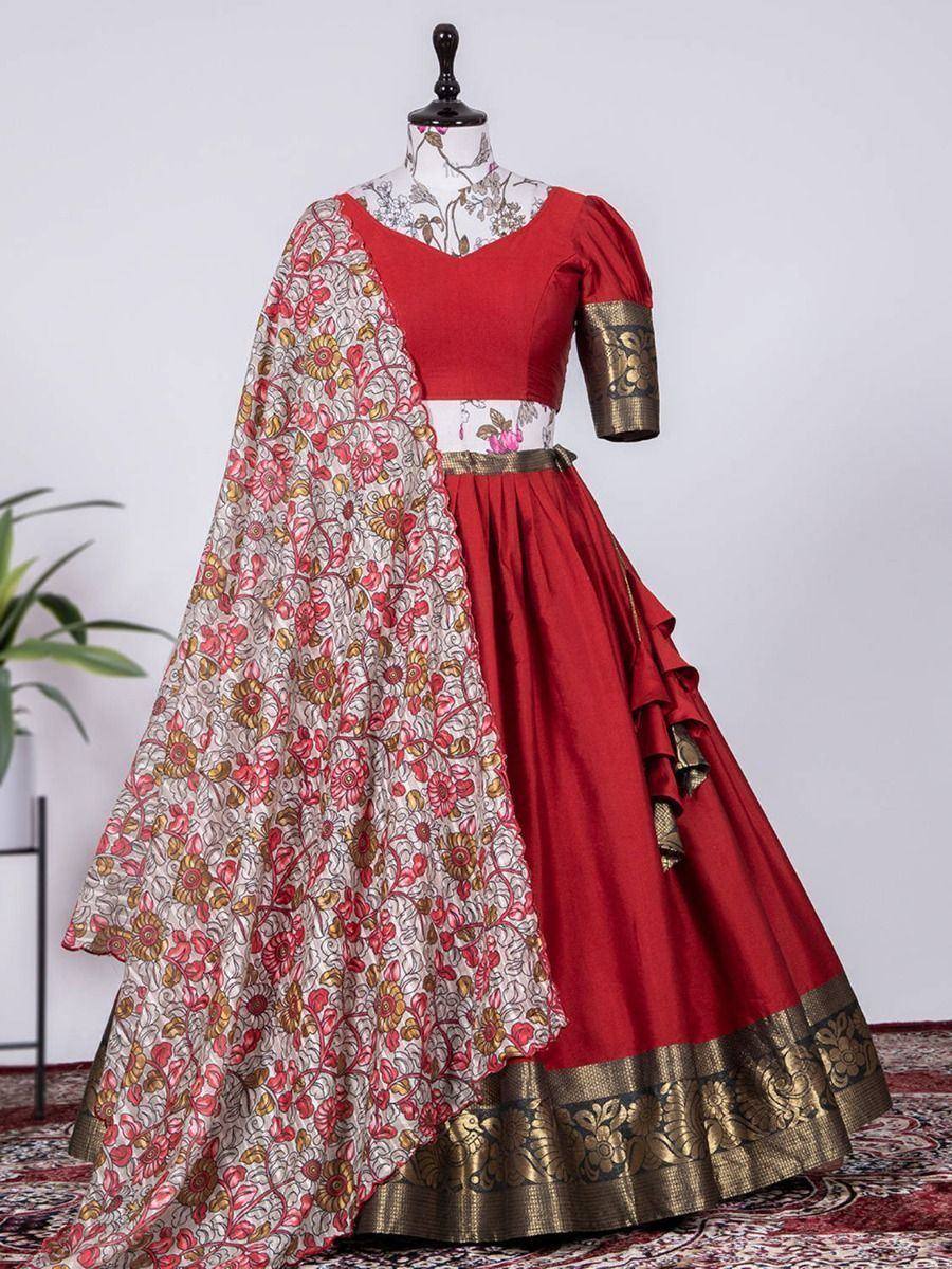 Red designer lehenga choli with floral dupatta, ethnic wear for women