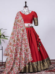 Pretty Red Silk Zari Weaving Onam Festival Traditional Wear Half Saree Lehenga