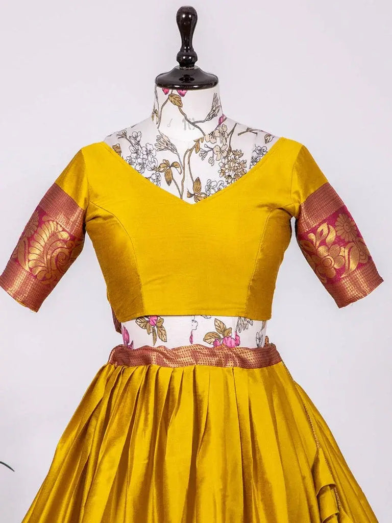 Adorable Yellow Silk Zari Weaving South Onam Festival Half Saree Lehenga