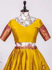 Adorable Yellow Silk Zari Weaving South Onam Festival Half Saree Lehenga