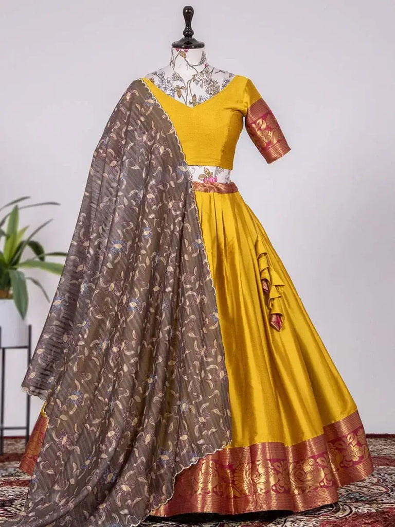 Adorable Yellow Silk Zari Weaving South Onam Festival Half Saree Lehenga