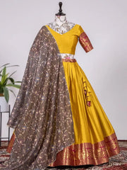 Adorable Yellow Silk Zari Weaving South Onam Festival Half Saree Lehenga