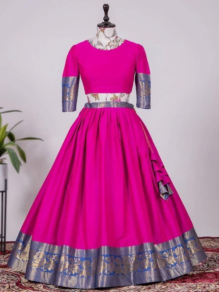Attractive Pink Silk Zari Weaving South Indian Onam Festival Half Saree Lehenga