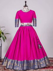Attractive Pink Silk Zari Weaving South Indian Onam Festival Half Saree Lehenga