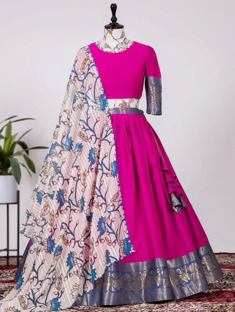 Attractive Pink Silk Zari Weaving South Indian Onam Festival Half Saree Lehenga