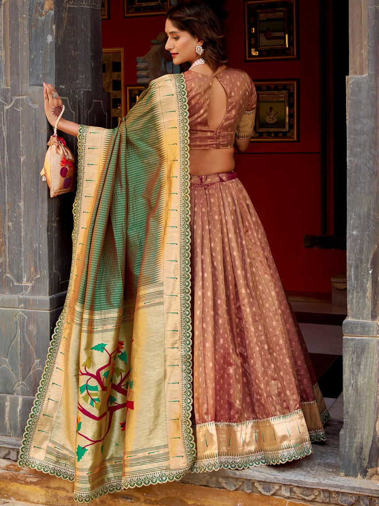 Bewitching Brown Zari Weaving Silk Festival Wear Lehenga Choli With Dupatta