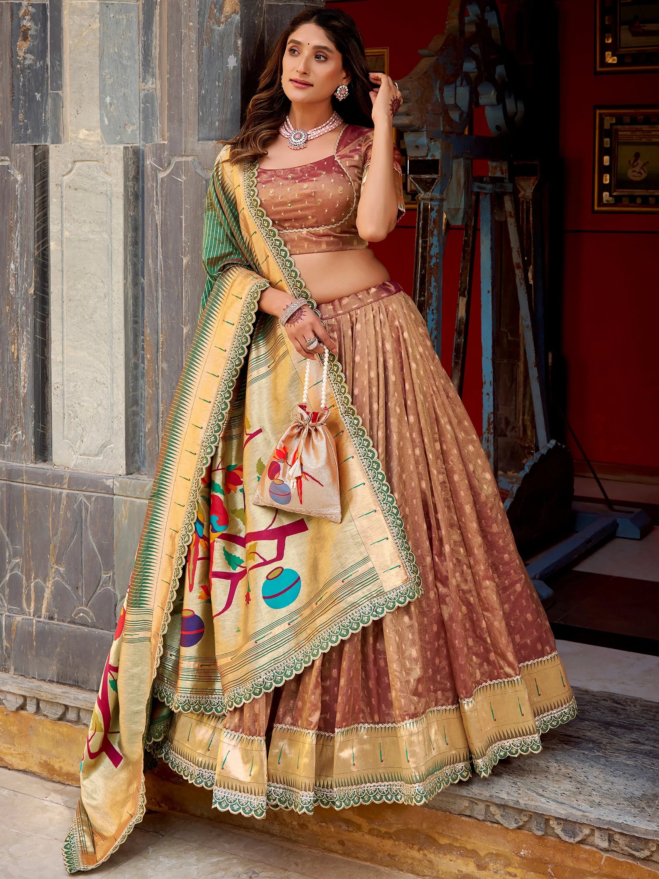 Bewitching Brown Zari Weaving Silk Festival Wear Lehenga Choli With Dupatta