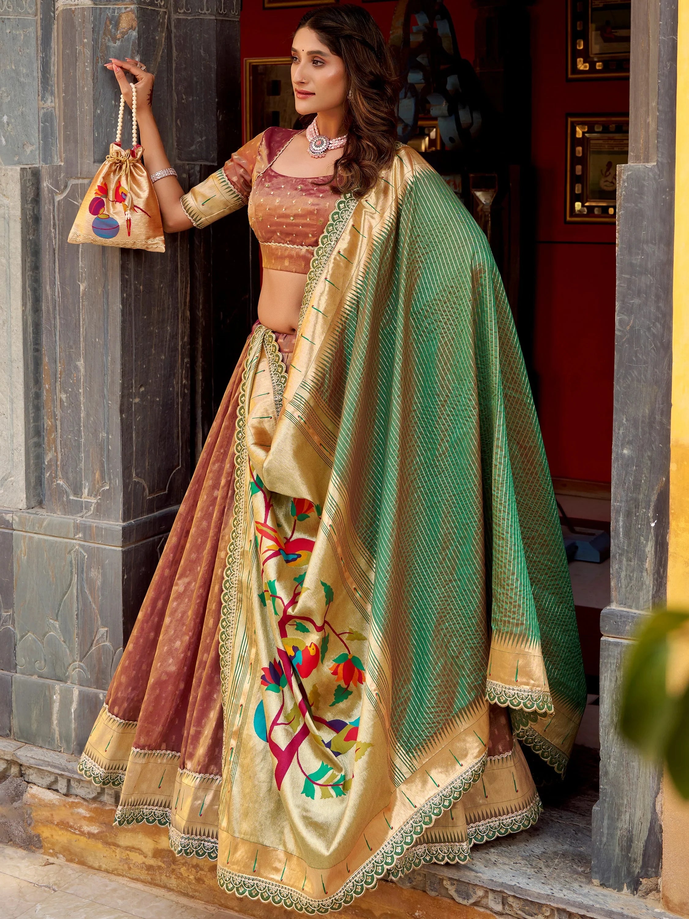 Bewitching Brown Zari Weaving Silk Festival Wear Lehenga Choli With Dupatta