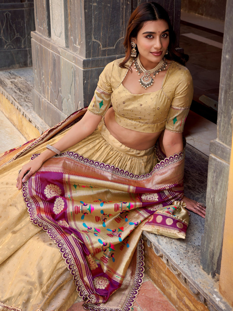 Beautiful Cream Zari Weaving Silk Traditional Lehenga Choli With Dupatta