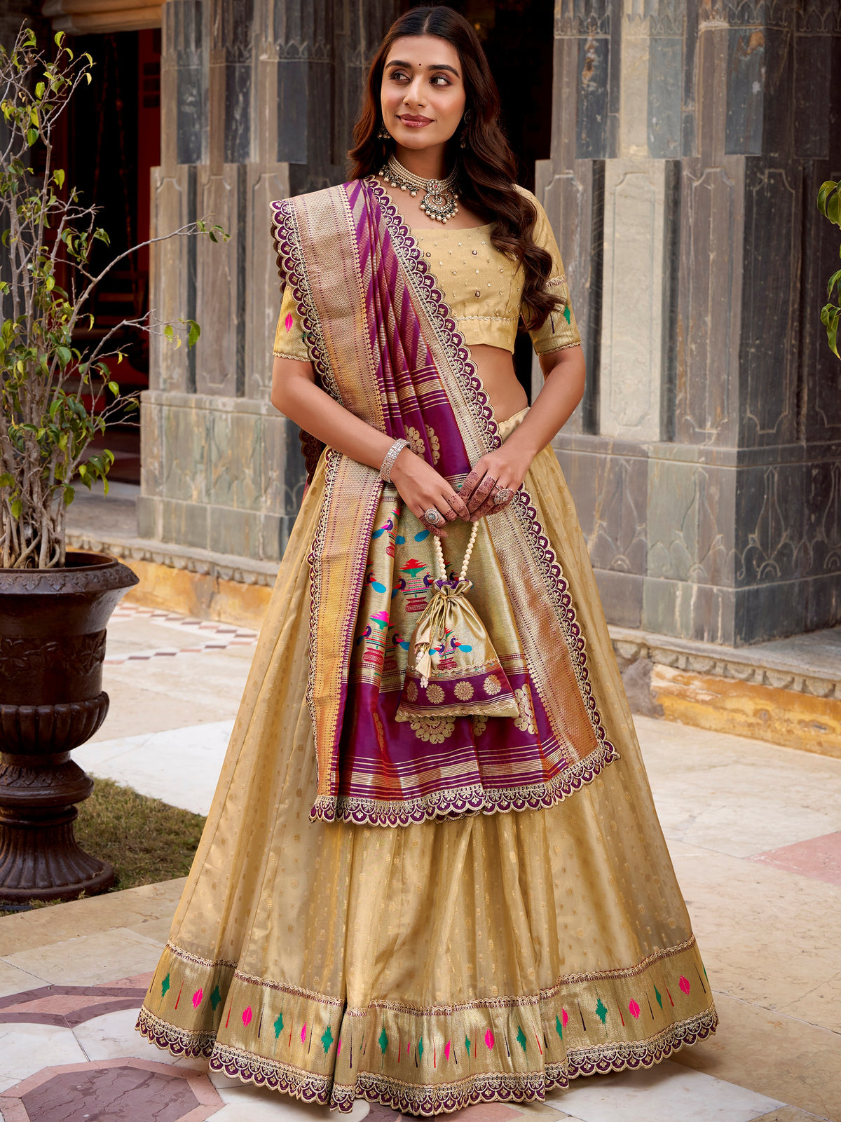 Beautiful Cream Zari Weaving Silk Traditional Lehenga Choli With Dupatta