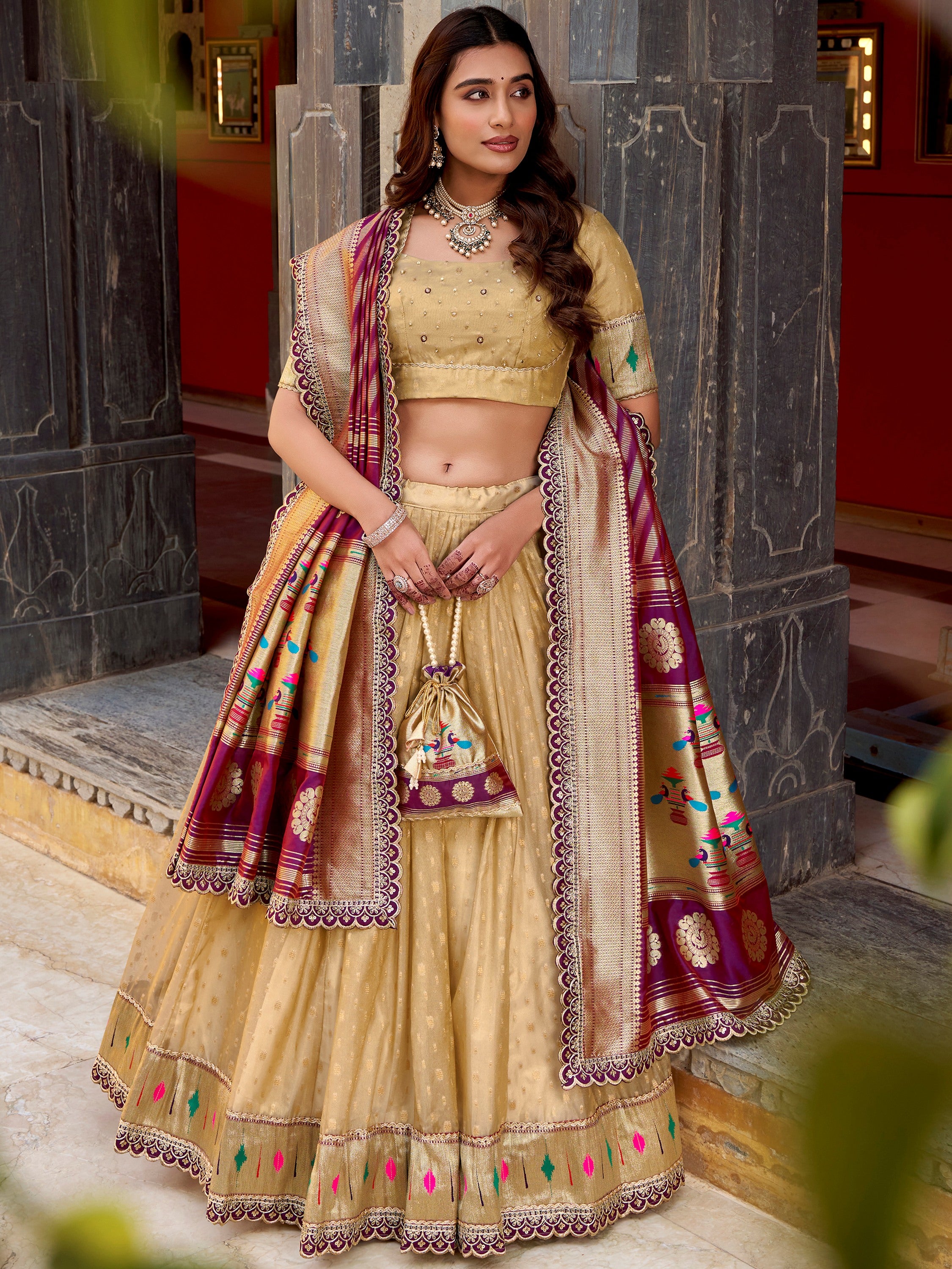 Beautiful Cream Zari Weaving Silk Traditional Lehenga Choli With Dupatta