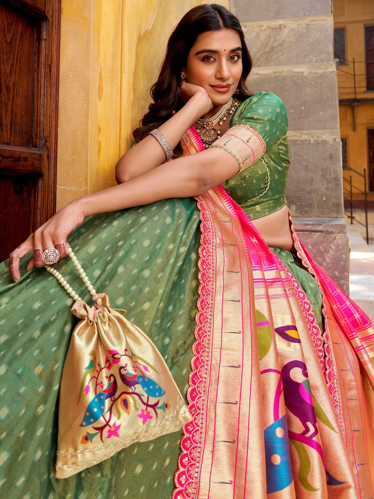 Fabulous Green Zari Weaving Silk Mehendi Wear Lehenga Choli With Dupatta