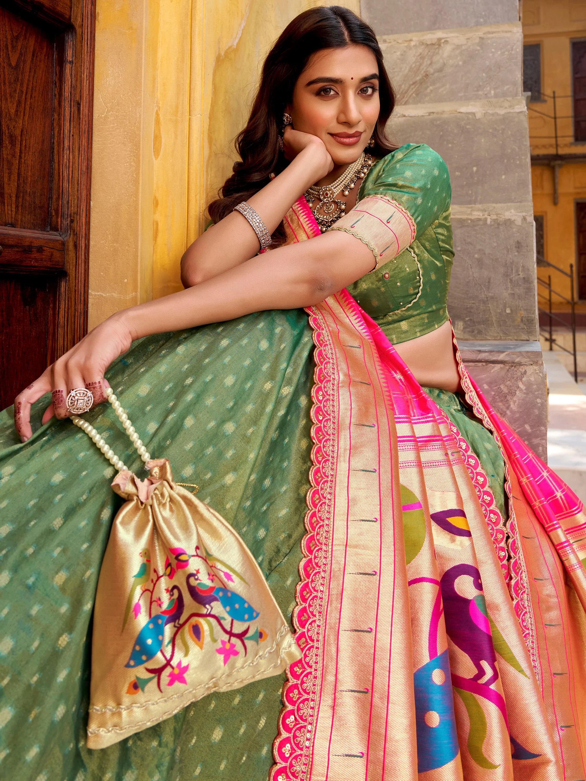 Fabulous Green Zari Weaving Silk Mehendi Wear Lehenga Choli With Dupatta