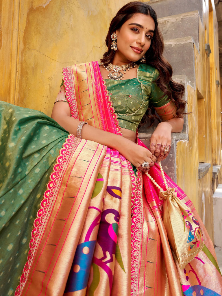 Fabulous Green Zari Weaving Silk Mehendi Wear Lehenga Choli With Dupatta