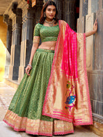 Fabulous Green Zari Weaving Silk Mehendi Wear Lehenga Choli With Dupatta