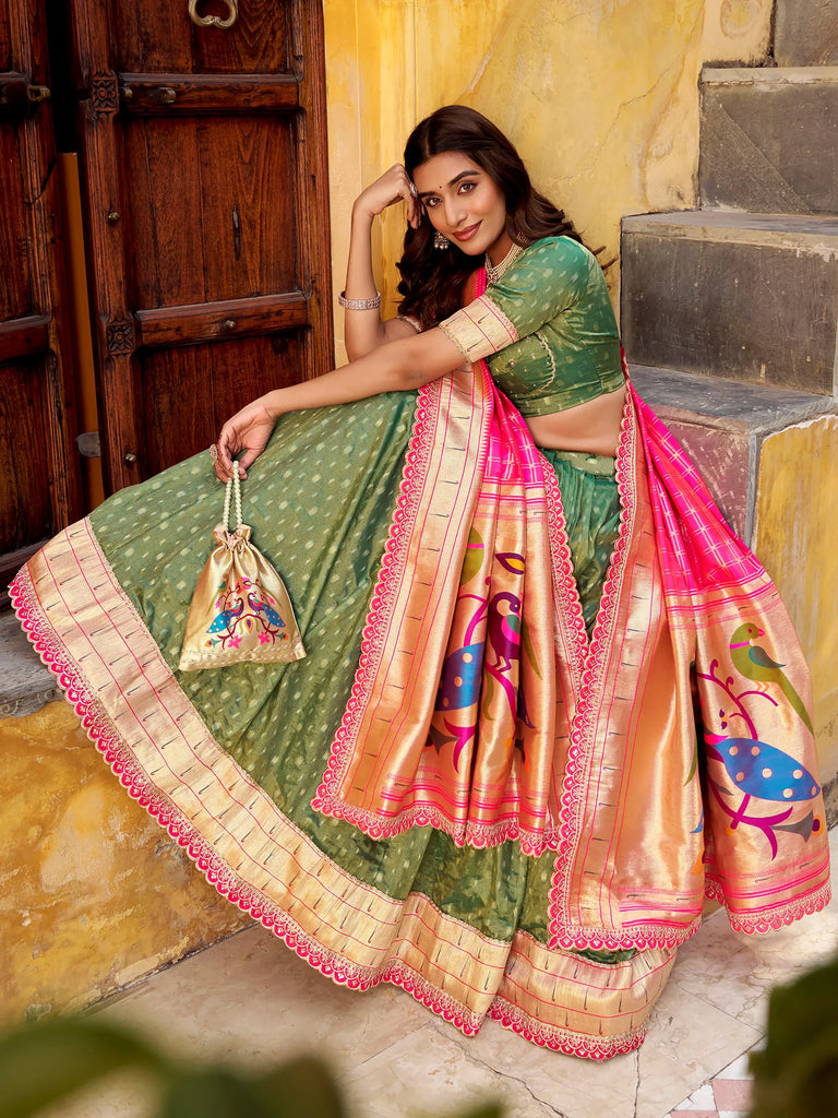 Fabulous Green Zari Weaving Silk Mehendi Wear Lehenga Choli With Dupatta