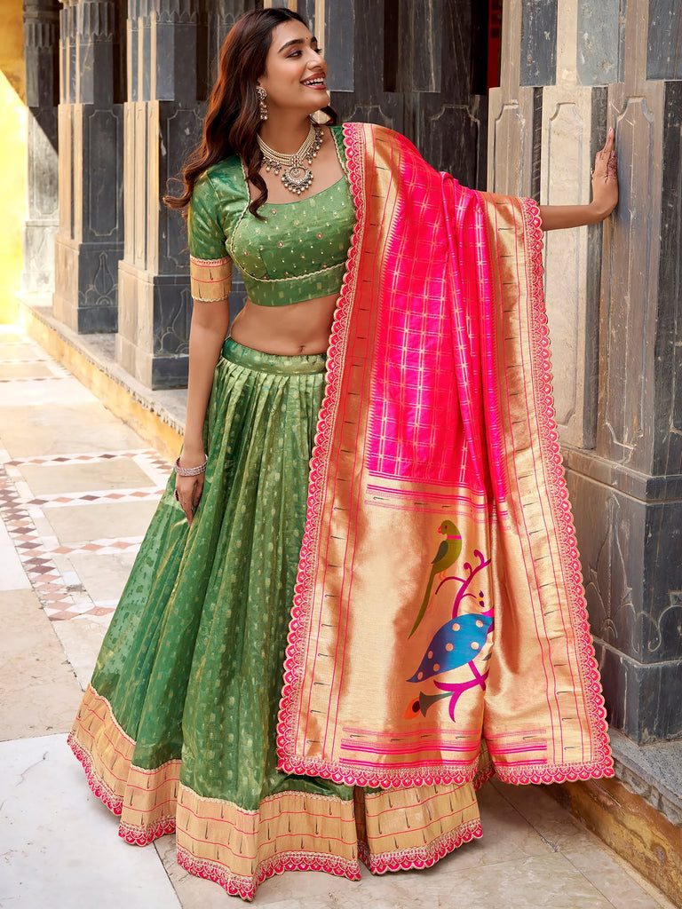 Fabulous Green Zari Weaving Silk Mehendi Wear Lehenga Choli With Dupatta