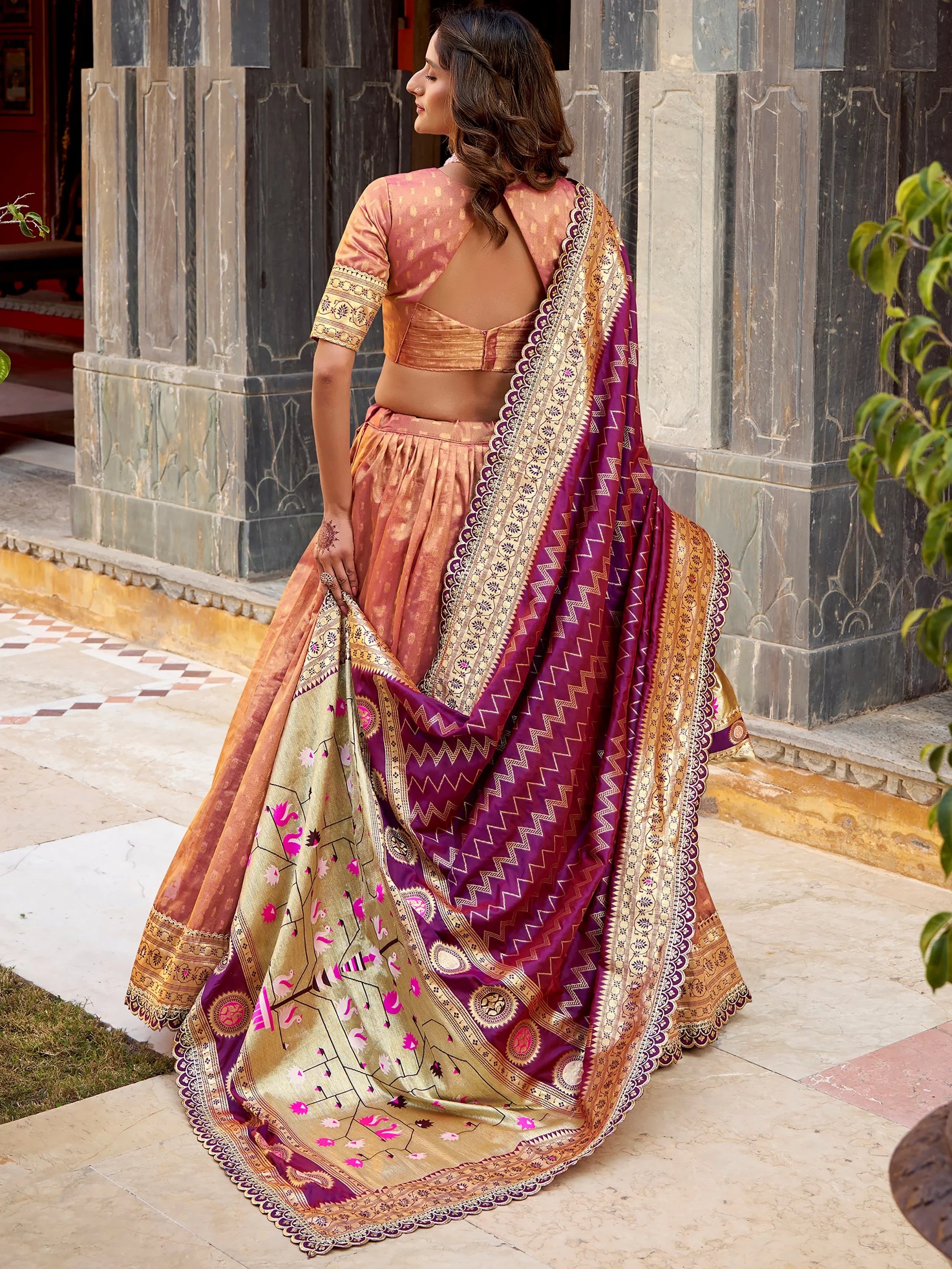 Elegant Peach Zari Weaving Silk Wedding Lehenga Choli With Dupatta