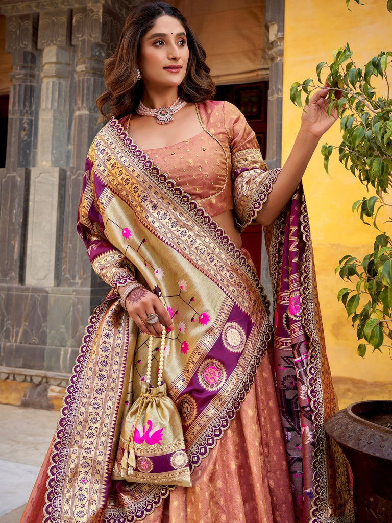 Elegant Peach Zari Weaving Silk Wedding Lehenga Choli With Dupatta