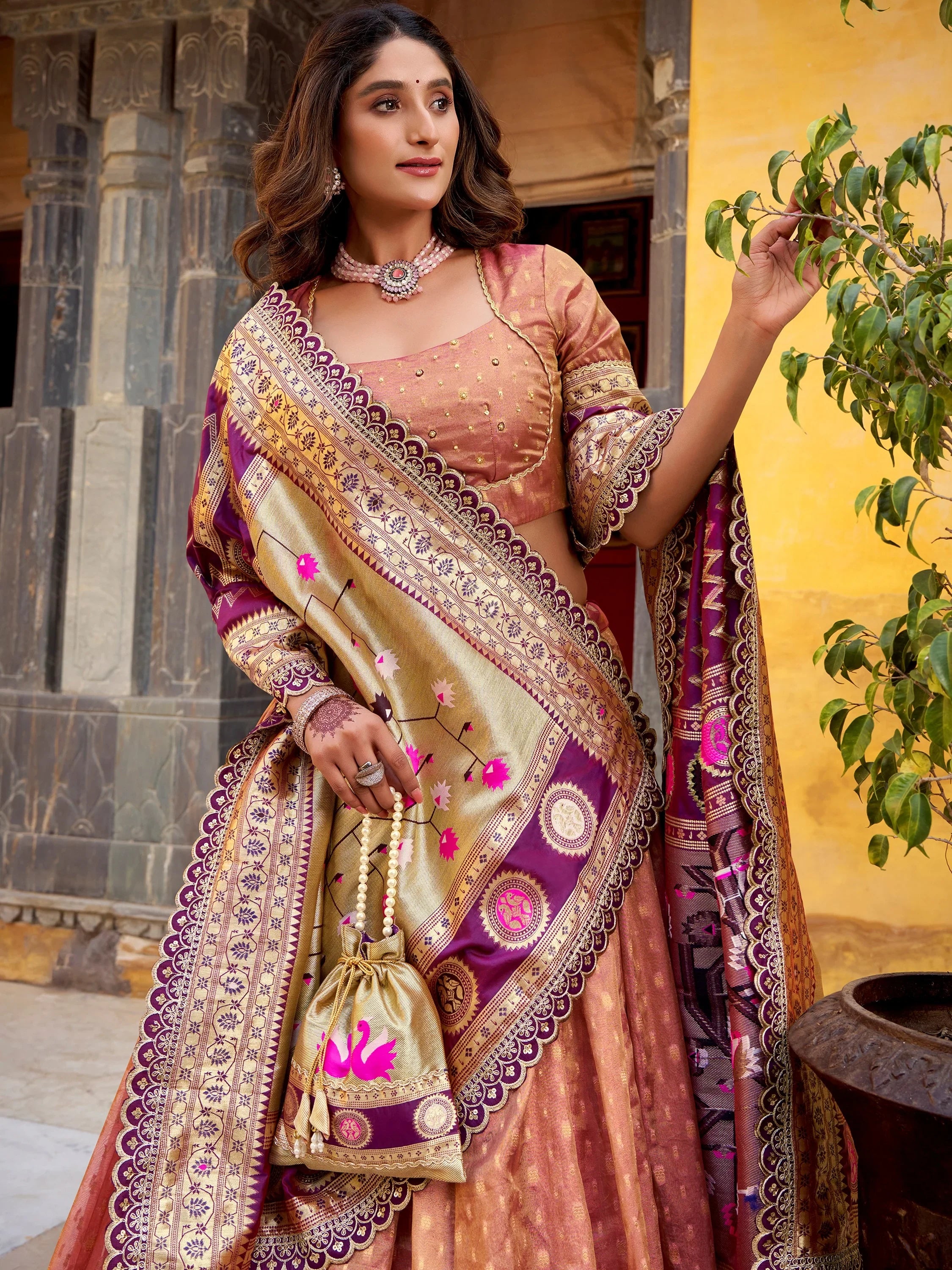 Elegant Peach Zari Weaving Silk Wedding Lehenga Choli With Dupatta