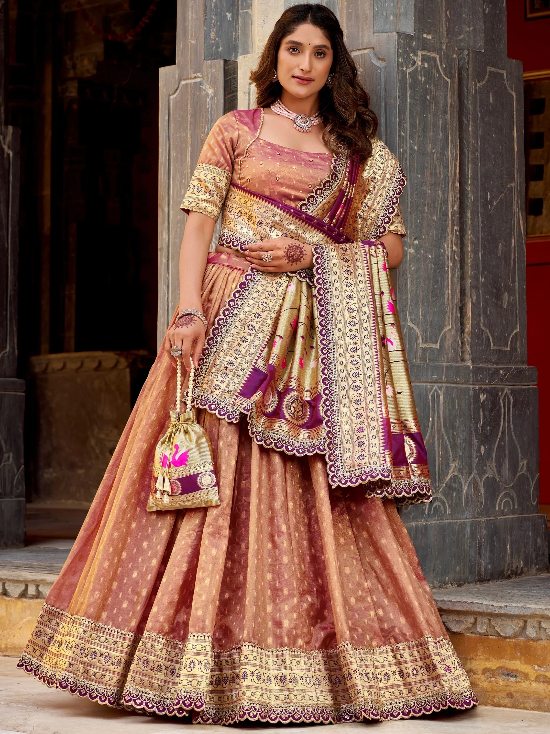 Elegant Peach Zari Weaving Silk Wedding Lehenga Choli With Dupatta