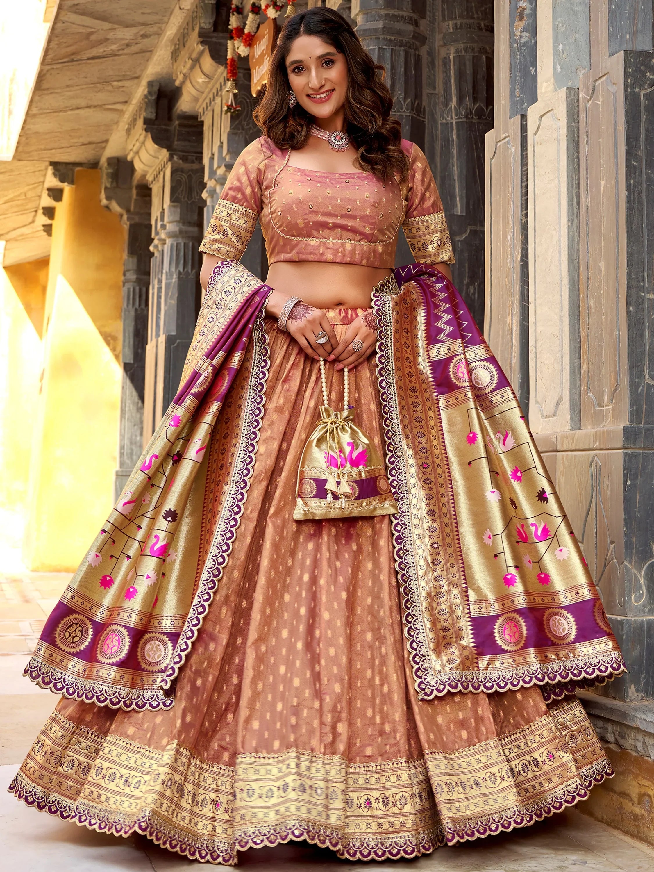 Elegant Peach Zari Weaving Silk Wedding Lehenga Choli With Dupatta