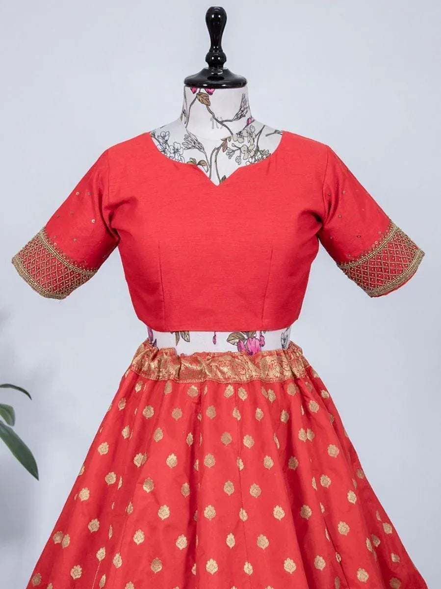 Red ethnic lehenga choli with gold embroidery and floral print, perfect for Indian weddings and festive occasions