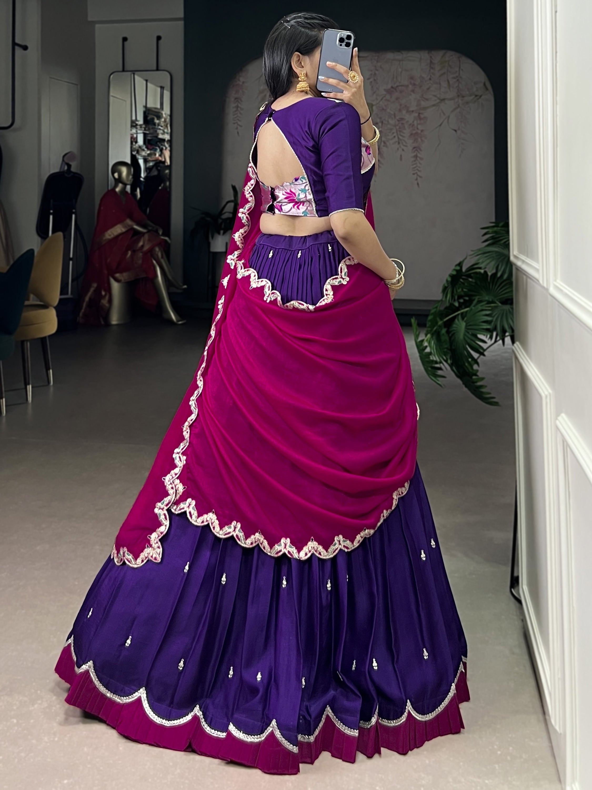 Stunning Purple Sequins Silk Festive Wear Half Saree Lehenga