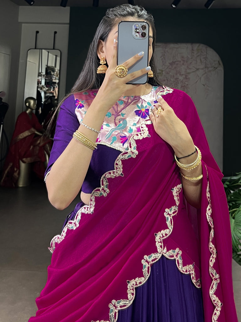 Stunning Purple Sequins Silk Festive Wear Half Saree Lehenga