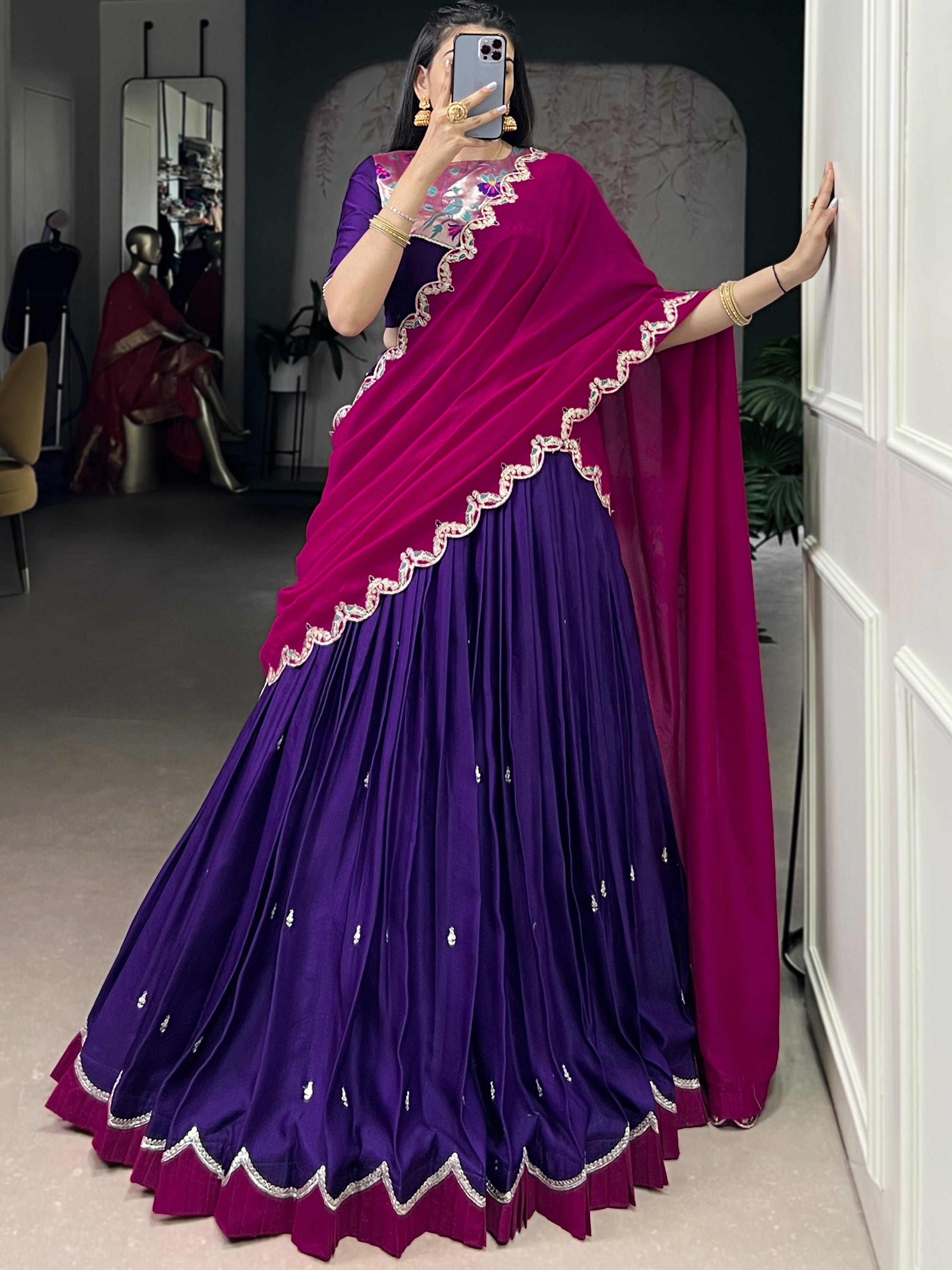 Stunning Purple Sequins Silk Festive Wear Half Saree Lehenga