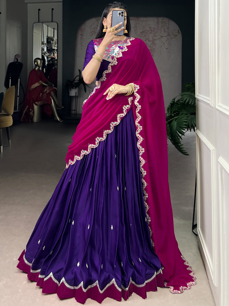 Stunning Purple Sequins Silk Festive Wear Half Saree Lehenga
