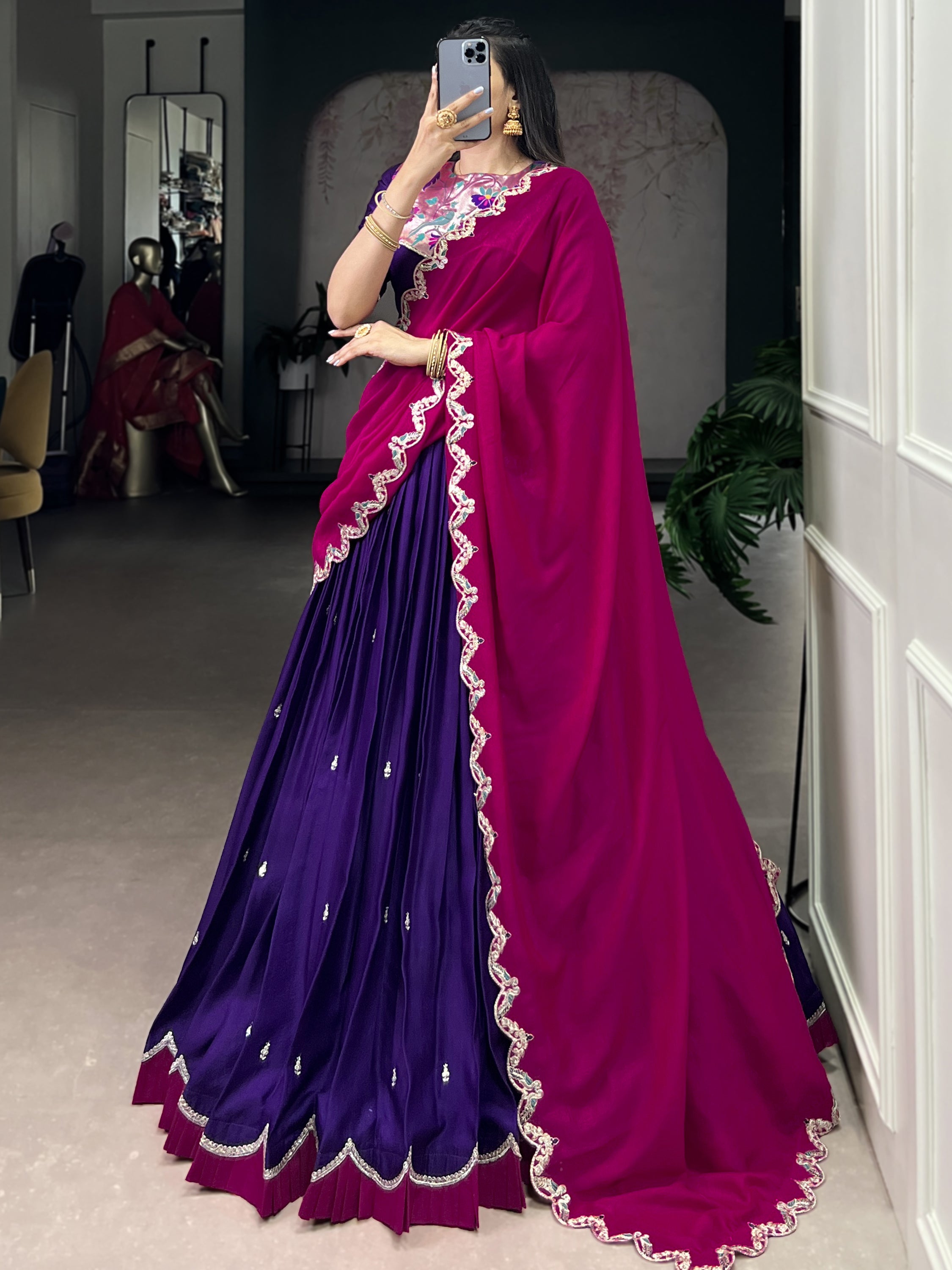 Stunning Purple Sequins Silk Festive Wear Half Saree Lehenga